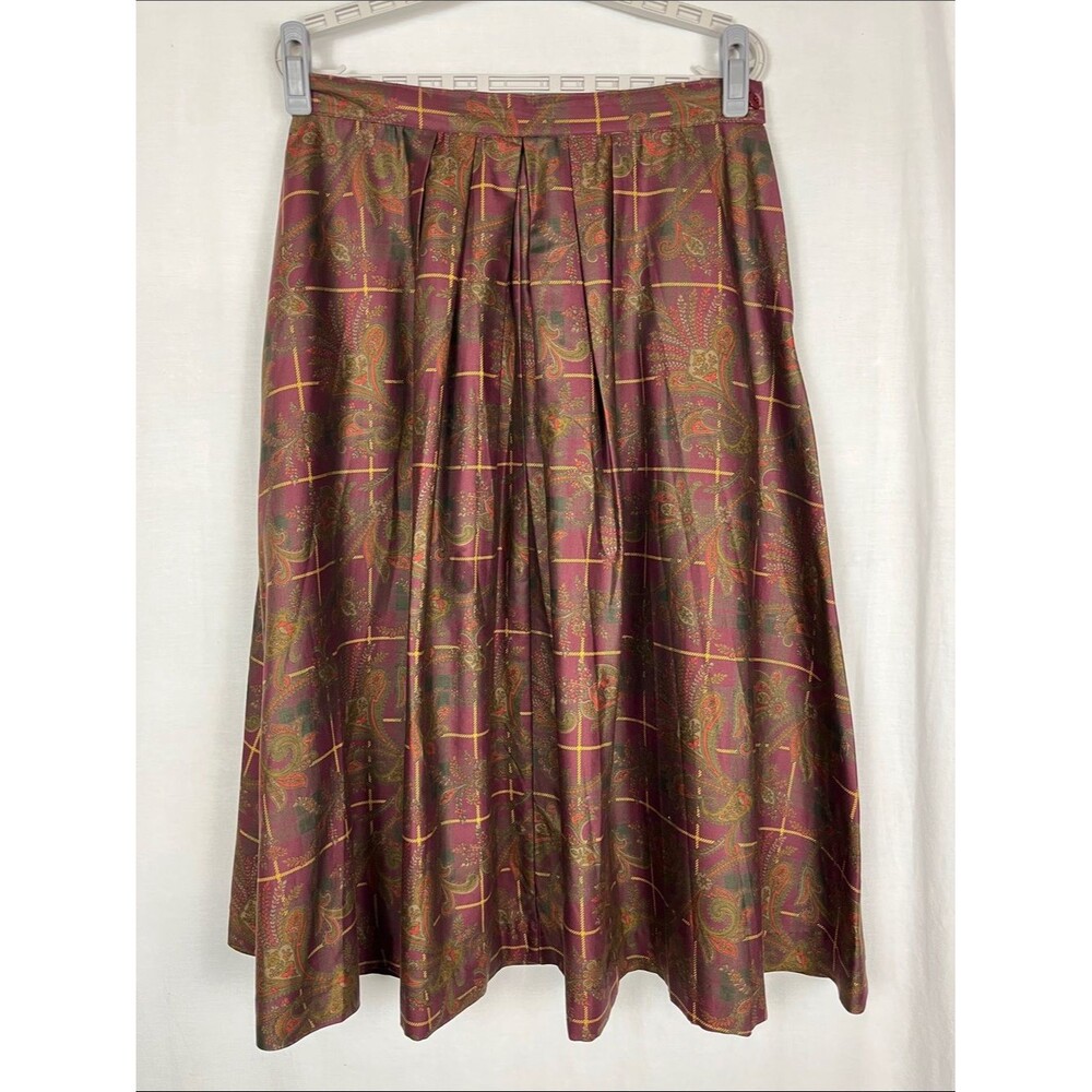 Vintage 1990s Charter Club Petites Burgundy and Green Paisley Pleated Midi Skirt